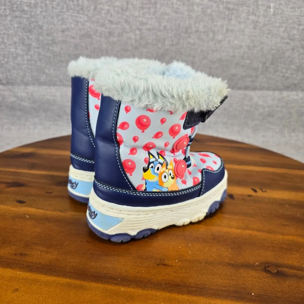 Bluey Bingo Kids Winter Snow Boots Blue Red Balloon Print Faux Fur Sz 7 36112035